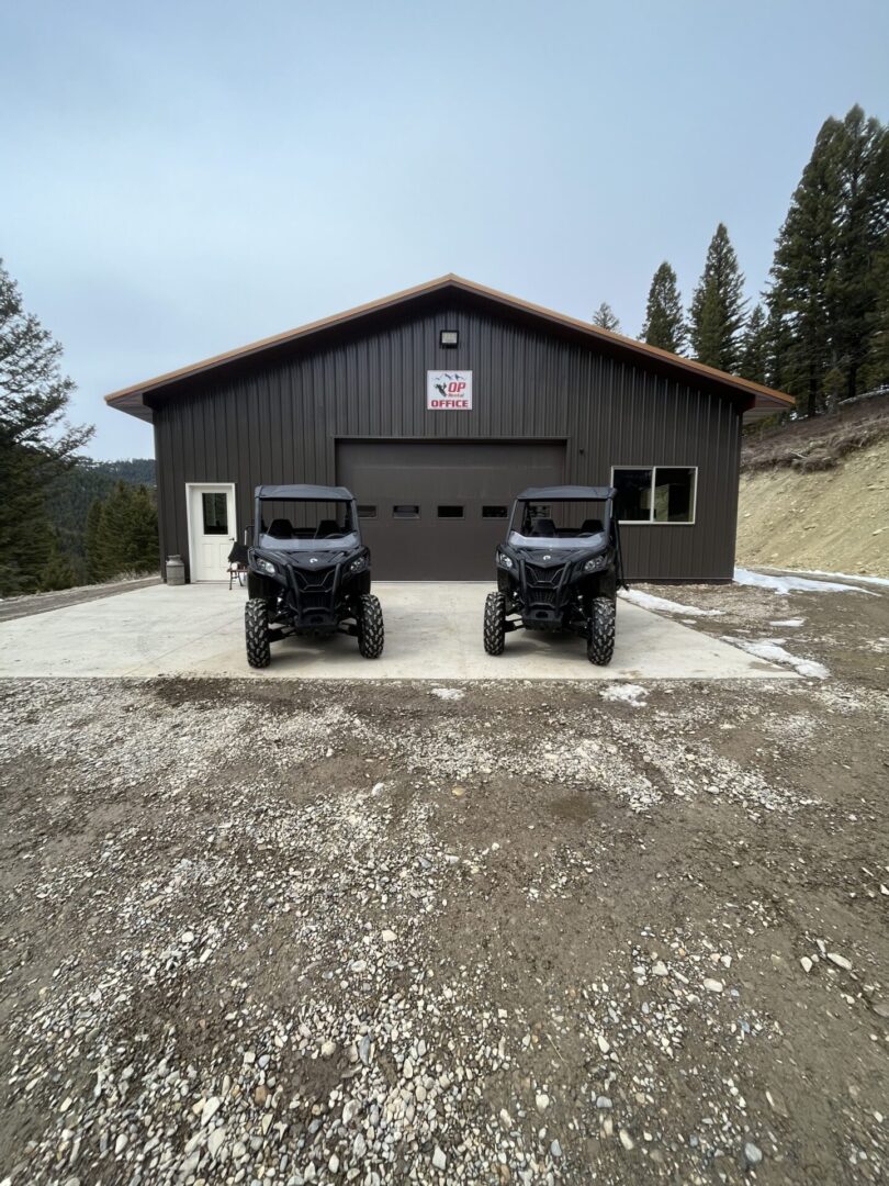 Two black atvs parked in front of a building.